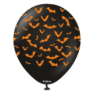 Latexový balonek černý s oranžovými netopýry 30 cm
