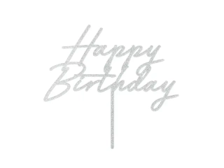 Zápich na dort Happy birthday stříbrný třpytivý