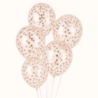 Latexové balonky průhledné s rosegold konfetami 30 cm - 5 ks
