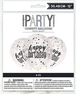 Latexové balonky Happy Birthday průhledné s černo-stříbrným potiskem 30cm 6ks