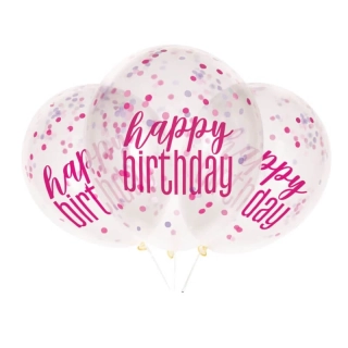 Latexové balonky Happy Birthday průhledné růžové s konfetami 30 cm 6 ks