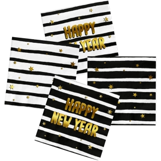 Papírové ubrousky černobílé pruhované Happy New Year
