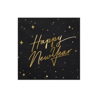 Papírové ubrousky LUX černé s nápisem Happy New Year 20 ks - Hvězdy