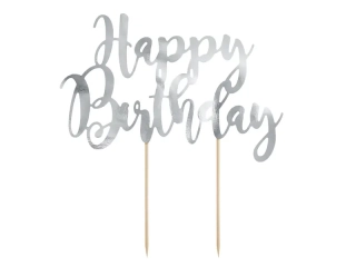 Dekorace na dort nápis Happy Birthday 22 cm - stříbrné