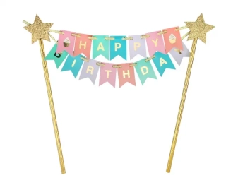 Dekorace na dort Happy Birthday - pastel