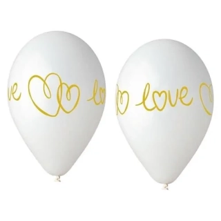 Svatební balonky bílé s potiskem srdce a Love 33 cm - 6 ks